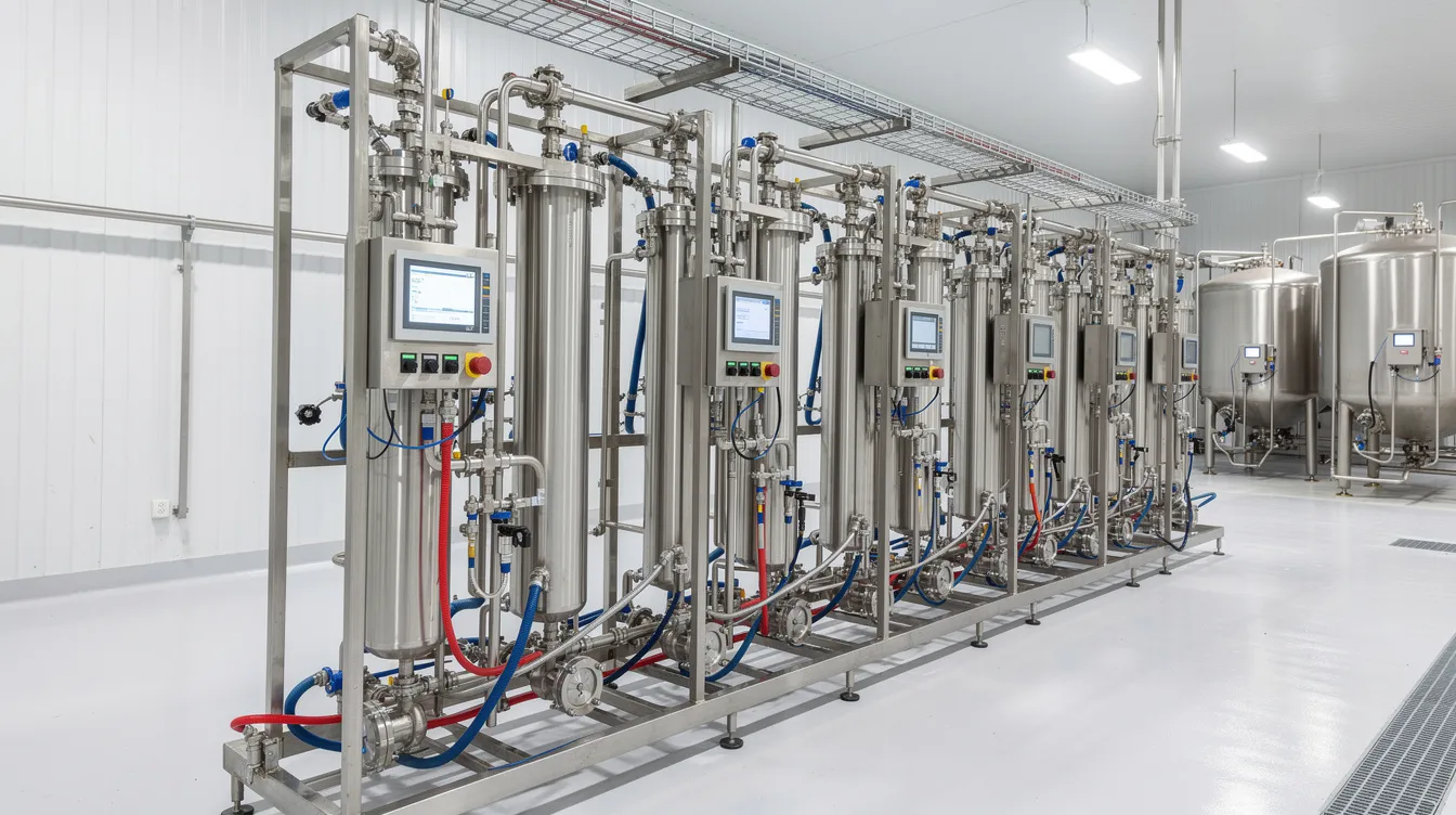The image depicts industrial stainless steel membrane filtration skids situated within a modern dairy processing facility, showcasing advanced membrane filtration technology for whey processing. These systems are designed to efficiently separate milk components, such as whey protein and lactose, enhancing the production of high-quality dairy products.