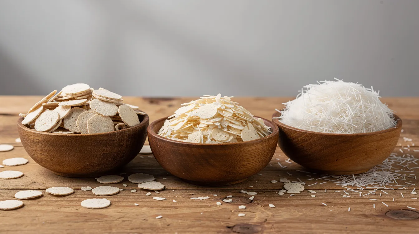 The image displays various types of poha flakes, including thick, thin, and nylon grades, arranged in wooden bowls. These flattened rice products highlight the diversity in texture and quality, showcasing the potential for a poha manufacturing business in India, catering to the growing market demand for nutritious breakfast options.