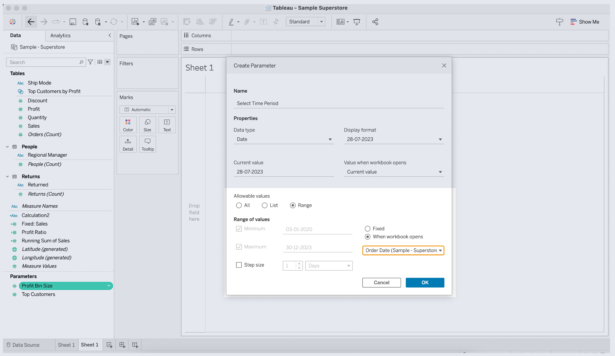 Predefine parameter values in the form of range