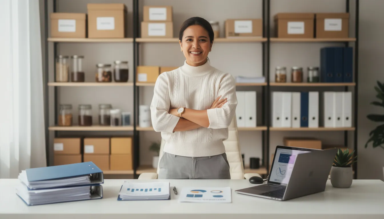 The image depicts a confident small business owner standing proudly, exuding authority and expertise after successfully navigating the SBA loan application process. The setting conveys a sense of accomplishment, highlighting the benefits of SBA 7(a) loans for small businesses.