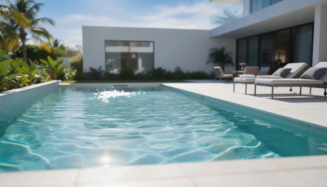 Piscina privata con acqua cristallina sotto il sole, circondata da verde curato: esempio di acqua ben trattata e sicura.