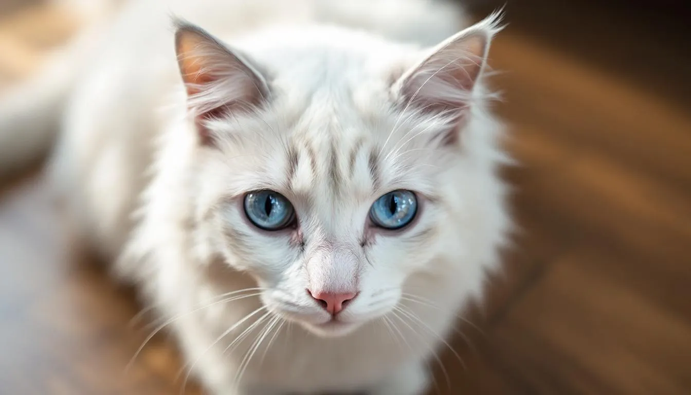 Een oudere witte kat met blauwe ogen kijkt kalm naar de camera, met zijn oren rechtop en alert, wat duidt op zijn goed gehoor en gevoeligheid voor geluiden om hem heen. De kat straalt een rustige aanwezigheid uit, perfect voor een moment van observatie.