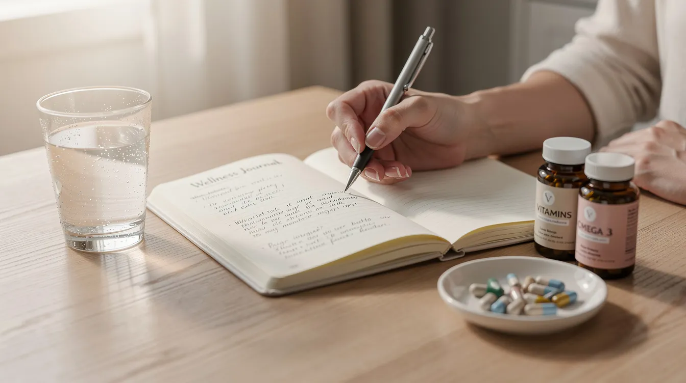 A person is sitting at a table, writing in a wellness journal while surrounded by various natural supplements, including herbal options like lemon balm and valerian root, along with a glass of water. This scene reflects a focus on mental health and strategies to reduce anxiety symptoms and improve sleep quality.