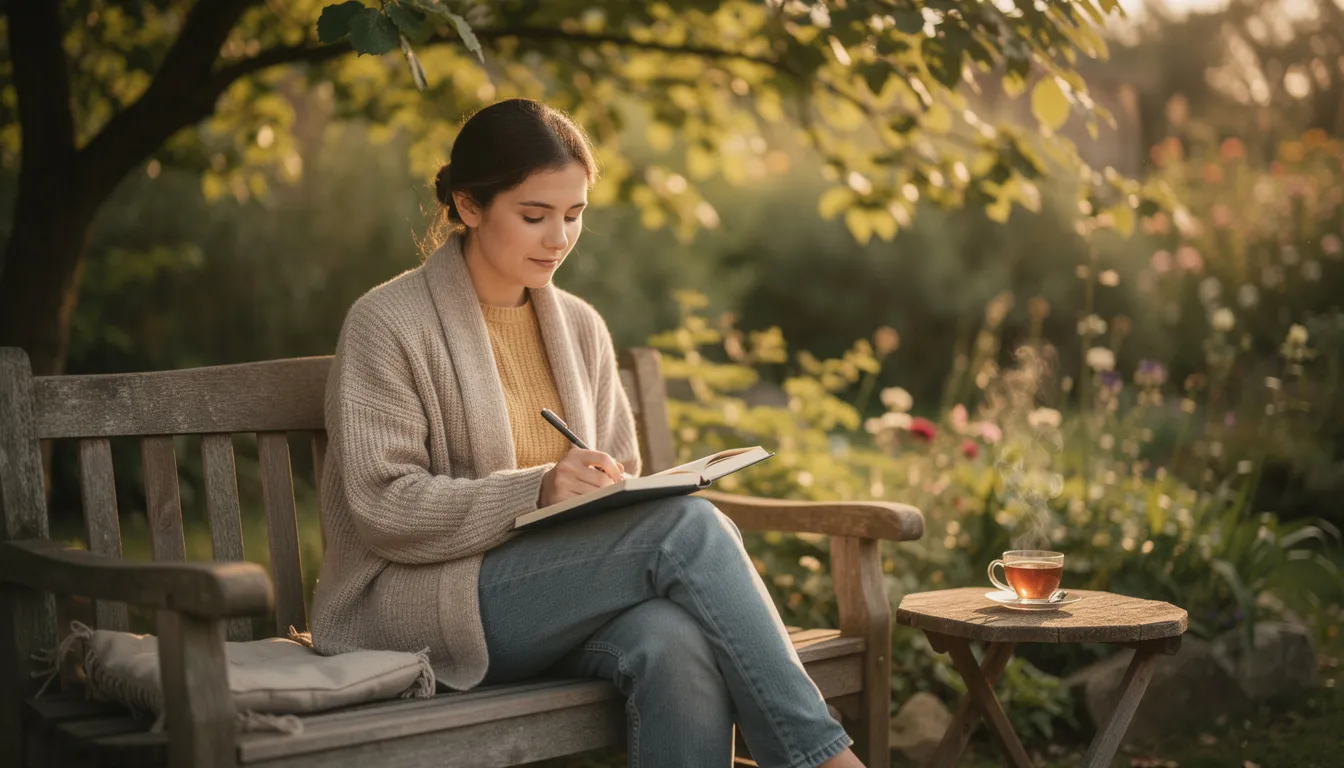 A person sits peacefully outdoors, journaling with a cup of tea nearby, embodying healthy habits that promote mental health and emotional well-being. This serene scene reflects the importance of mindfulness practices in the recovery journey, highlighting the role of self-care and healthy coping mechanisms in maintaining sobriety.