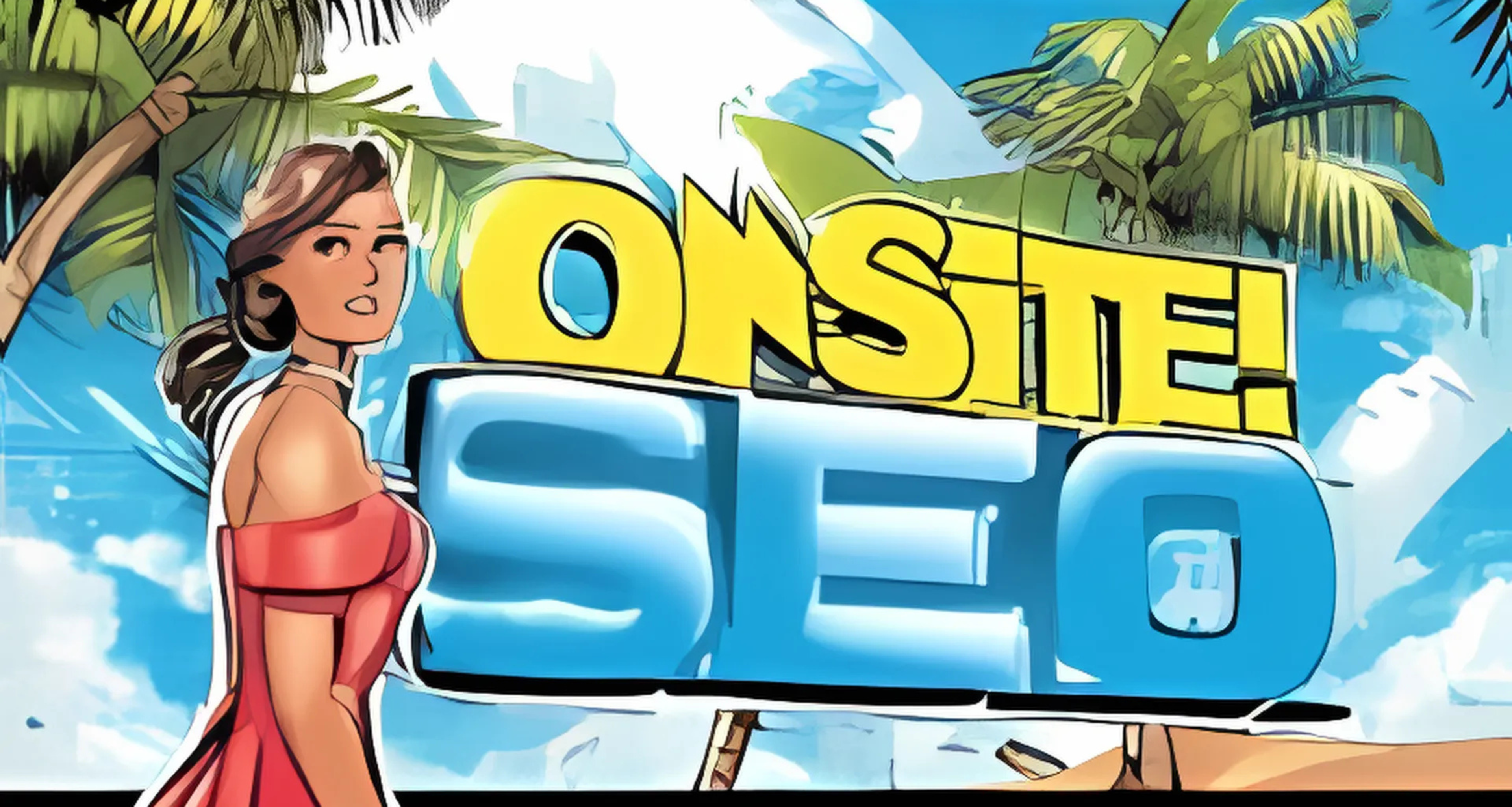 A comic-style illustration featuring a woman in a red dress standing by bold yellow and blue text reading On-Site SEO, with palm trees in the background.