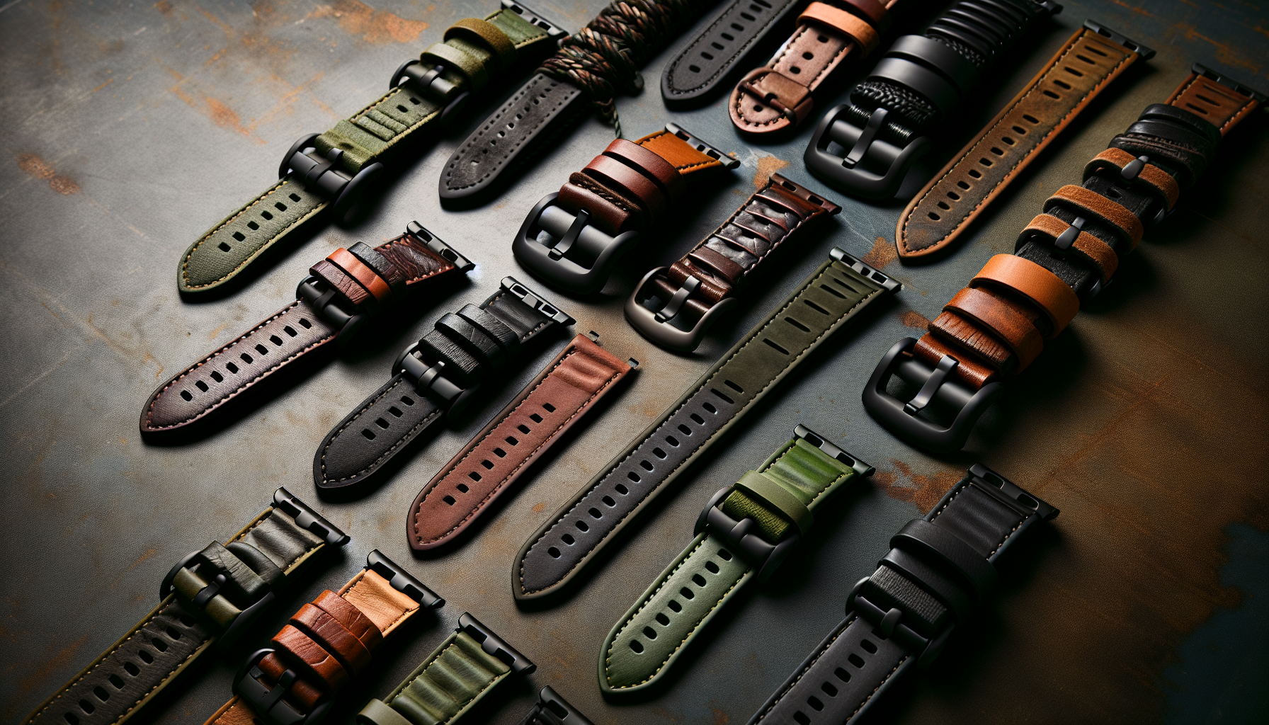 Selection of military watch bands in various colors including black, brown, and green