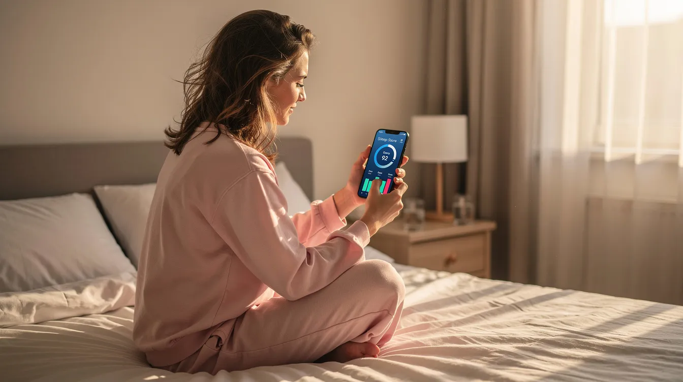 A person is gazing at their smartphone screen in the soft morning light, reviewing sleep data that includes sleep patterns and metrics. This scene highlights the use of sleep tracking technology to monitor sleep quality and improve overall health.