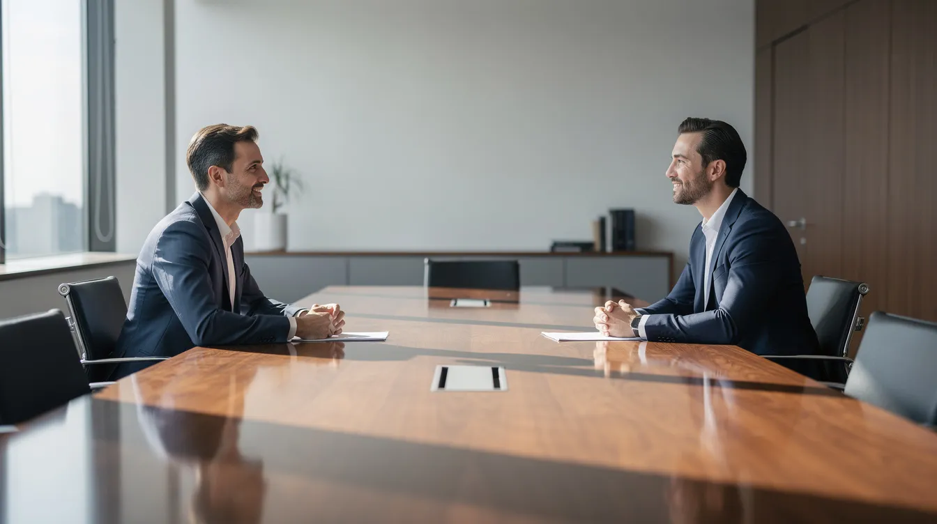 Une salle de réunion professionnelle est illuminée par la lumière du jour, où deux personnes discutent calmement autour d'une table, évoquant possiblement des conseils sur la gestion de changement au sein de leur entreprise. Cette ambiance favorise un dialogue constructif entre collègues sur les défis et la transformation de leur équipe.