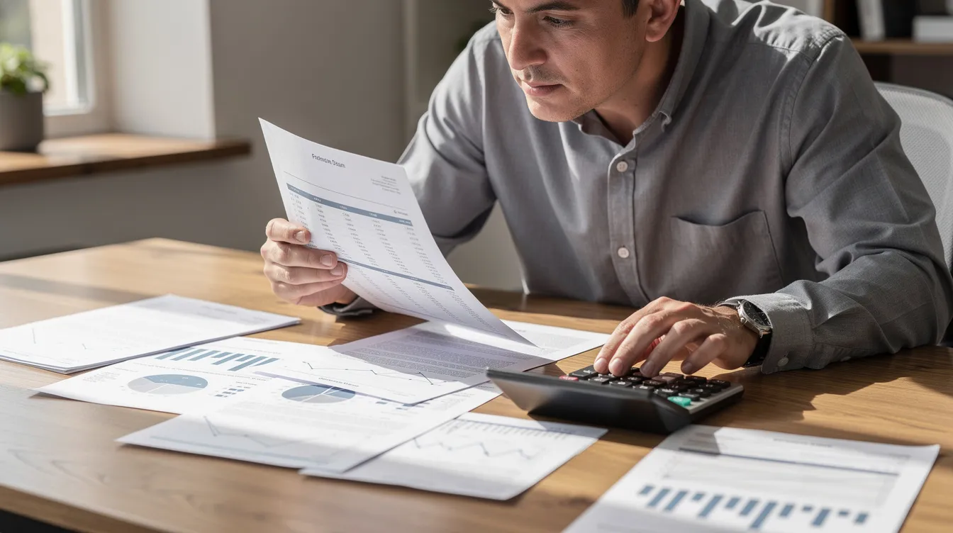 A person is sitting at a table, carefully examining financial documents with a calculator beside them, indicating a focus on budgeting or loan applications. The scene suggests a thoughtful approach to managing finances, possibly involving terms like "私人 貸款" or "申請 免 tu 貸款."