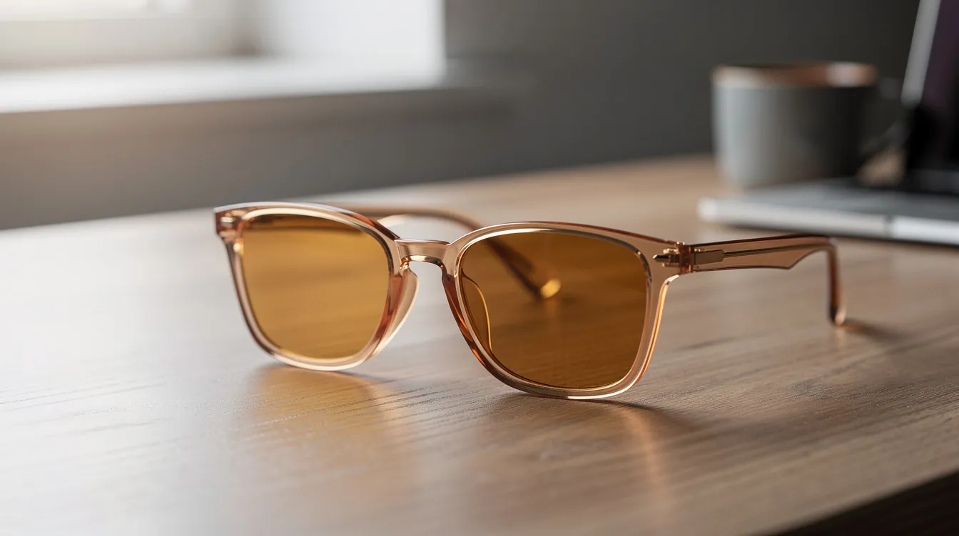 The image features amber-tinted blue light blocking glasses resting on a wooden desk, designed to reduce blue light exposure from electronic devices. These glasses can help improve sleep quality by protecting the body&rsquo;s ability to maintain melatonin levels and support healthy circadian rhythms.