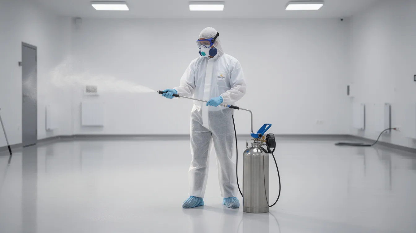 A technician in full protective gear is applying a hospital-grade disinfectant to surfaces in a clean commercial room, emphasizing the importance of professional disinfection services for disease control and prevention during the coronavirus pandemic. The technician focuses on high-touch areas, ensuring a safe environment for employees and customers.