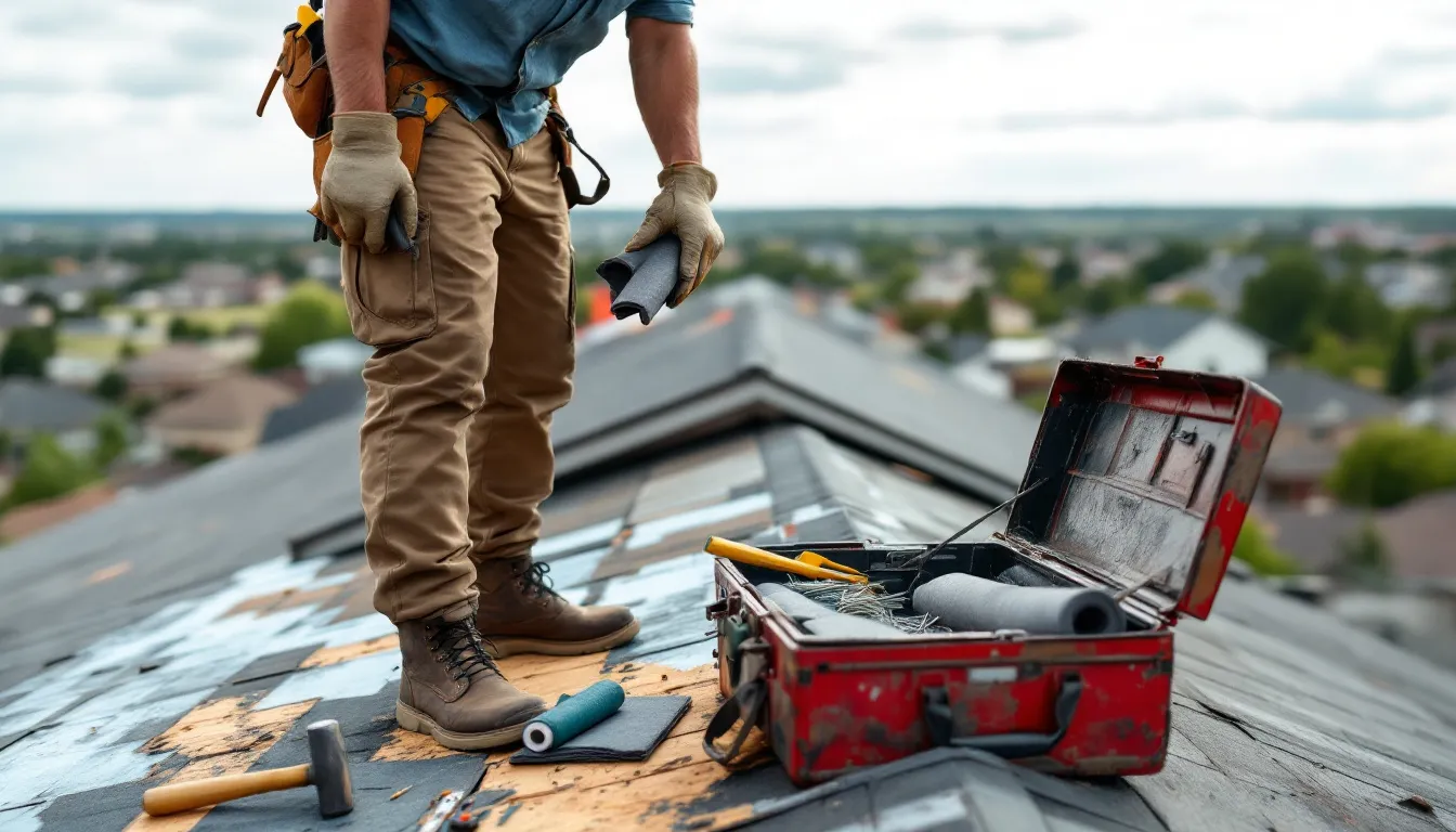 A professional roofing contractor inspecting a roof in Temple, TX, showcasing expert roof repair services.