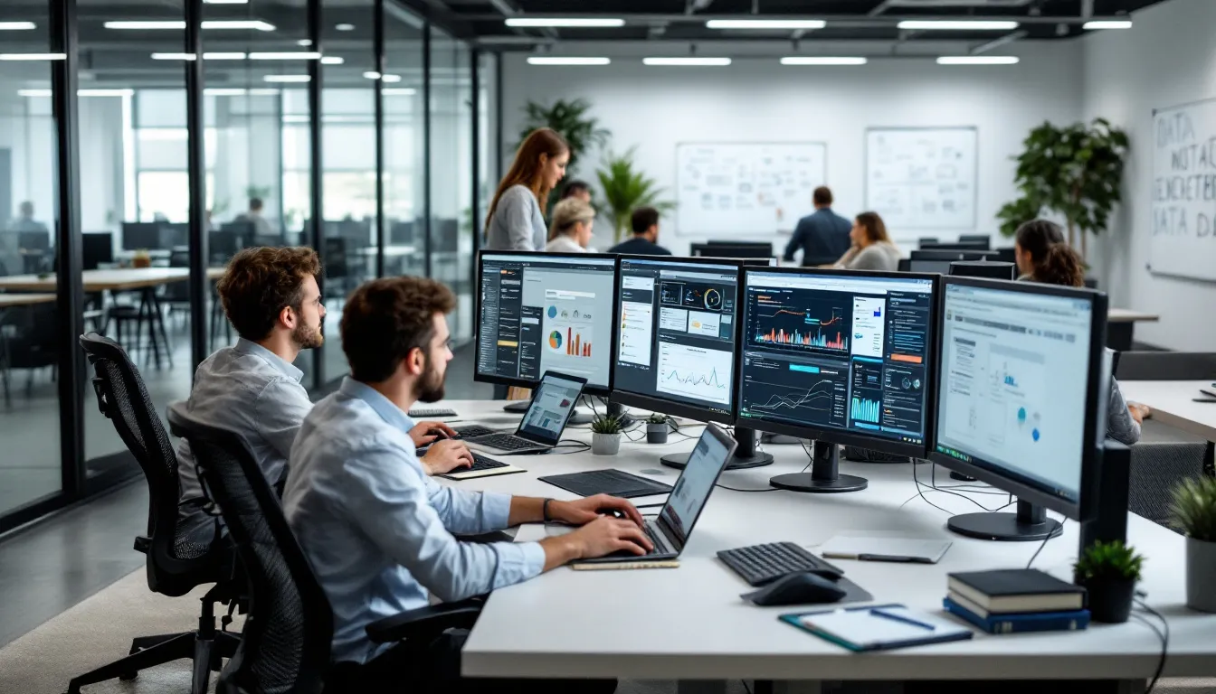 In a modern office environment, data engineers collaborate on multiple data integration platforms, utilizing dashboards to manage data pipelines and automate data movement. They focus on data transformation and integration processes, leveraging tools like Azure Data Factory and Fivetran to create seamless data workflows and ensure up-to-date data for analysis.