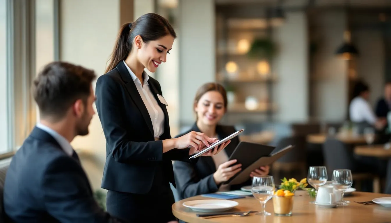 In the image, hotel staff are interacting with guests at a restaurant table while using a tablet-based POS system to manage orders and payments, showcasing the integration of technology in food and beverage operations. The scene highlights the efficiency and user-friendly nature of modern hotel POS systems in enhancing guest service.