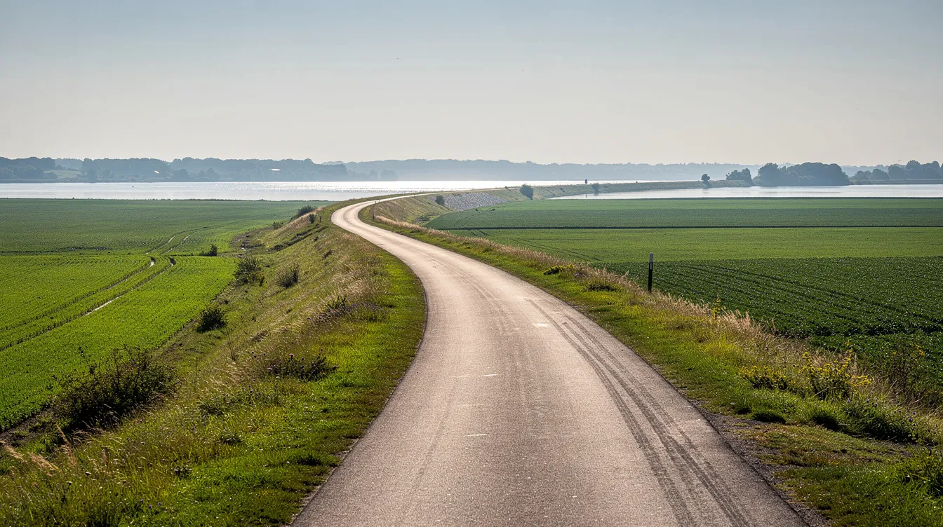 The image depicts a winding levee road meandering through lush green farmland, with a serene river visible in the distance, reflecting the fertile soils of Clarksburg wine country. This picturesque scene is characteristic of the Sacramento River Delta, known for its award-winning wineries and delicious wines.