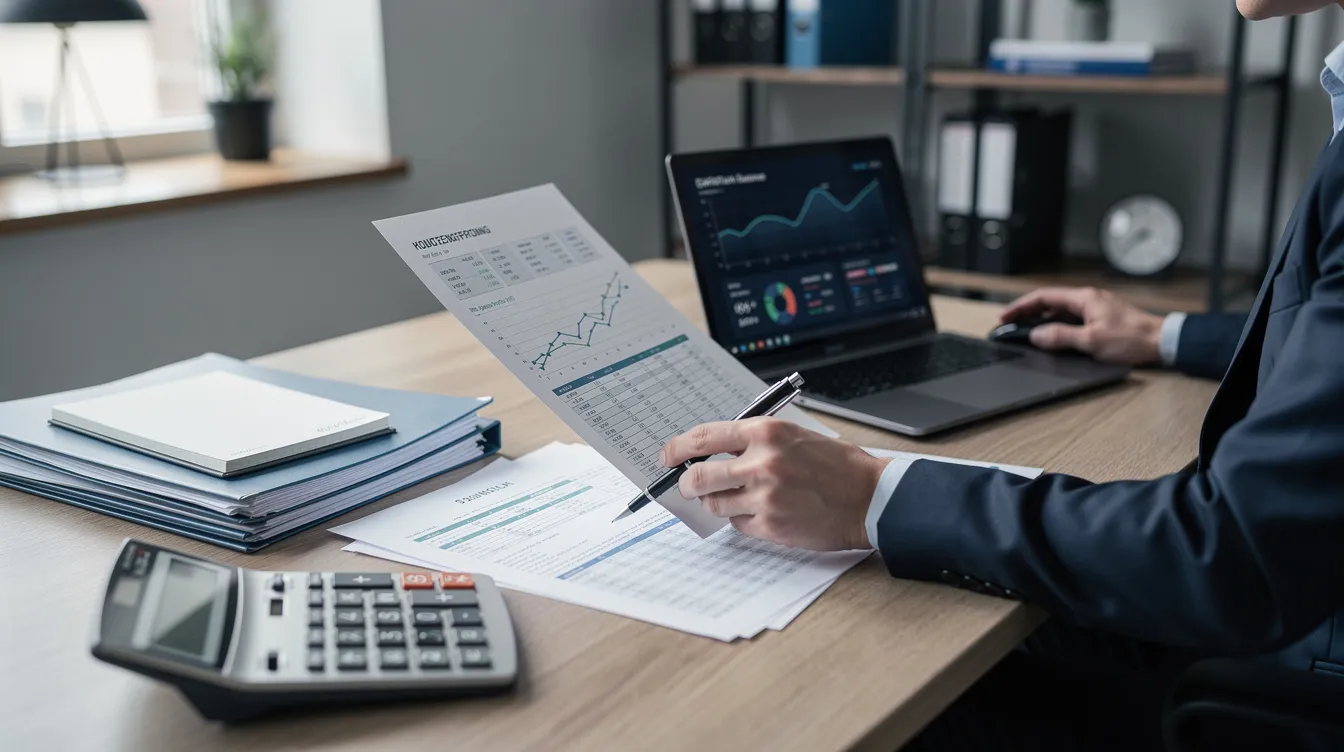 A professional is seated at a desk, meticulously reviewing financial spreadsheets and business documents, with a calculator and laptop in front of them. This scene reflects the careful planning involved in managing mudra loans and the importance of a solid business plan for micro enterprises.