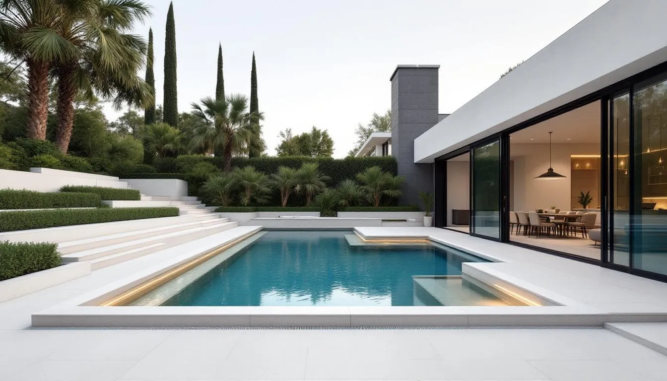 An artistic representation of a perfect poolscape design showcasing various pool features and landscaping elements.
