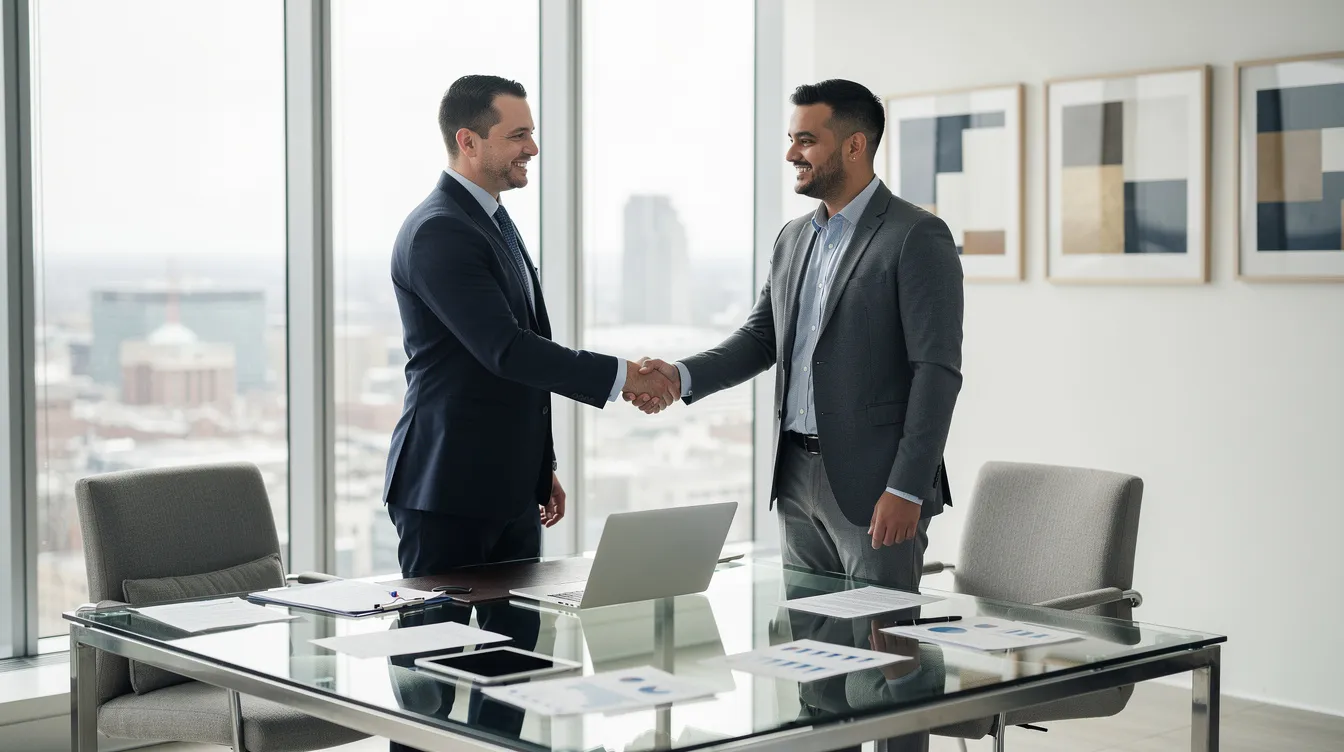 A professional financial advisor is shaking hands with a client in a modern office setting, symbolizing a successful partnership in financial services. The environment reflects a focus on personalized loans and financial guidance, emphasizing the importance of credit scores and loan applications.