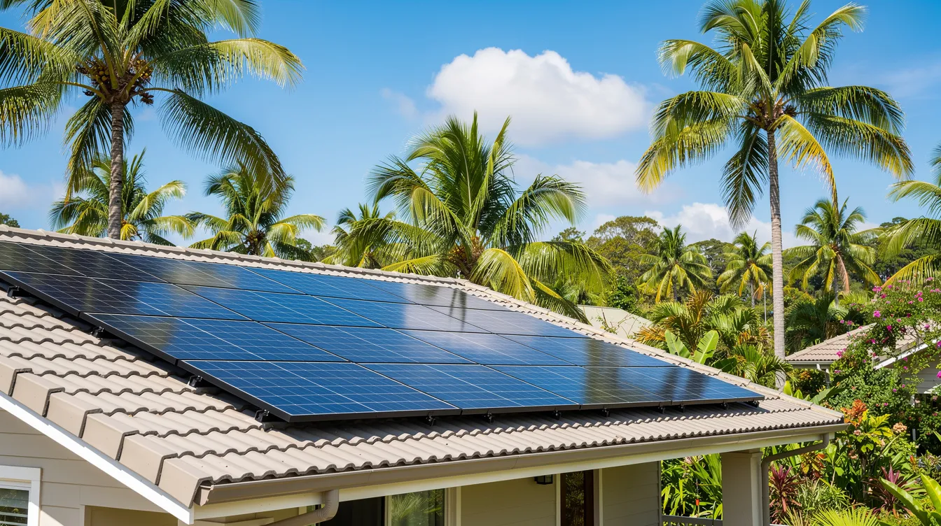 ff17a0b7 7016 4b94 b464 fc2e76be898e The image depicts solar panels installed on a residential rooftop surrounded by lush palm trees in a tropical setting, highlighting the growing interest in renewable energy solutions. This eco-friendly installation represents a promising business idea in Kerala, contributing to sustainable living and reducing energy costs for homeowners.