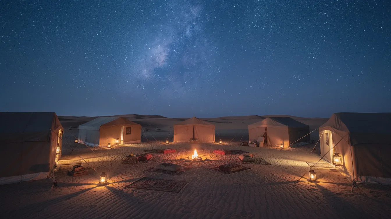 A serene desert camp at night features traditional berber tents illuminated by the soft glow of a starry sky, embodying the beauty of the sahara desert. This scene captures the essence of a memorable desert tour, inviting travelers to experience the tranquil atmosphere and stunning desert landscape.