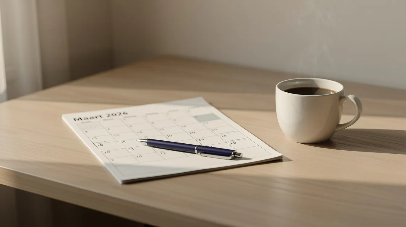 Een rustige werkplek met een kalender, een pen en een kop koffie, ideaal voor het maken van een goede planning. Deze setting bevordert een effectieve uitvoering van dagelijkse taken en helpt bij het evalueren van terugkerende taken.
