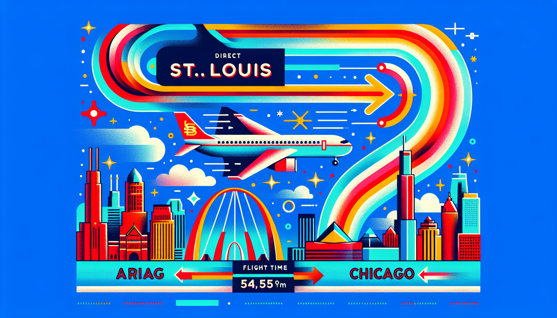 An illustration showing the direct flight time from St. Louis to Chicago.