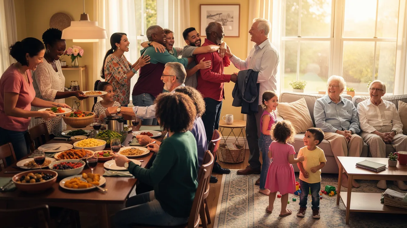 A large multicultural family gathers joyfully, filled with laughter and warmth as they serve food and greet each other. This vibrant scene reflects the rich cultural diversity and family-oriented values often found in Latino culture, showcasing the importance of togetherness and shared experiences among loved ones.