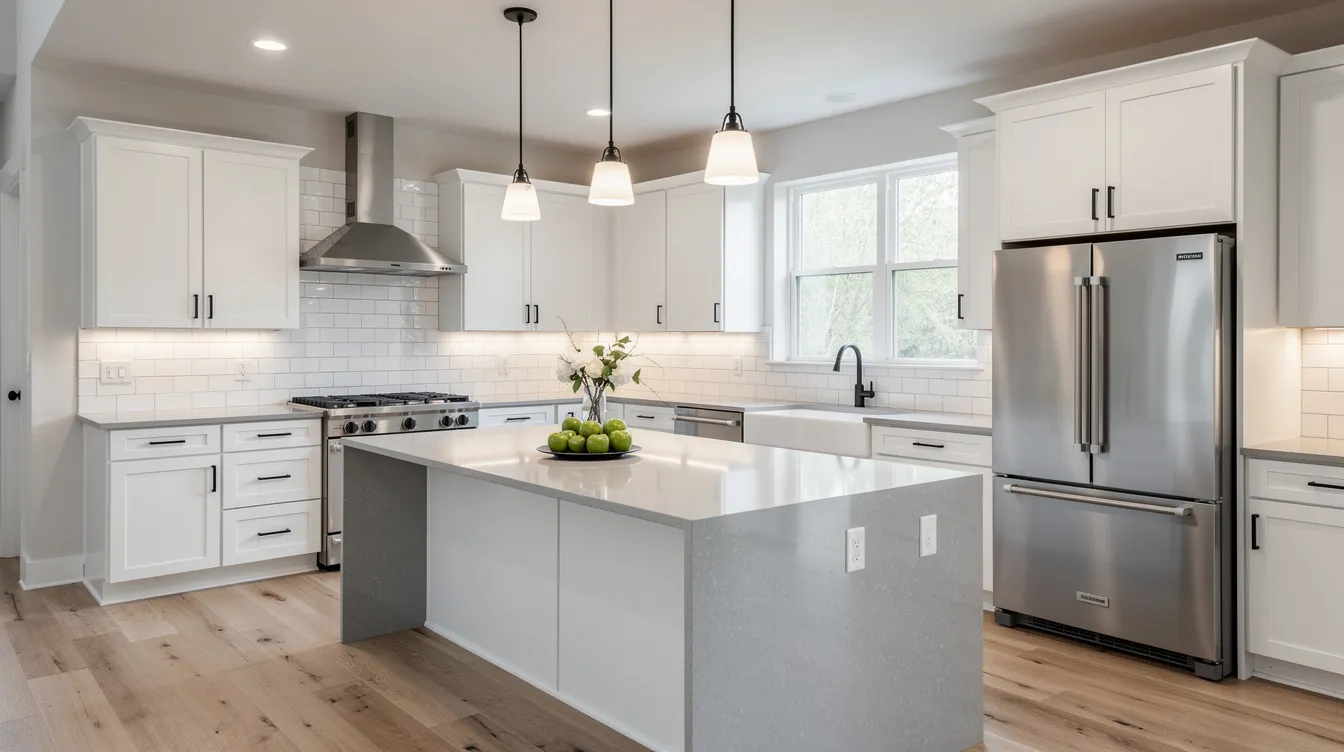 The image showcases a beautifully renovated modern kitchen featuring sleek white cabinets and new countertops, ideal for a recently flipped house. This inviting space highlights the potential of investment properties and the success of fix and flip projects, appealing to real estate investors and those seeking hard money loans for their renovation costs.