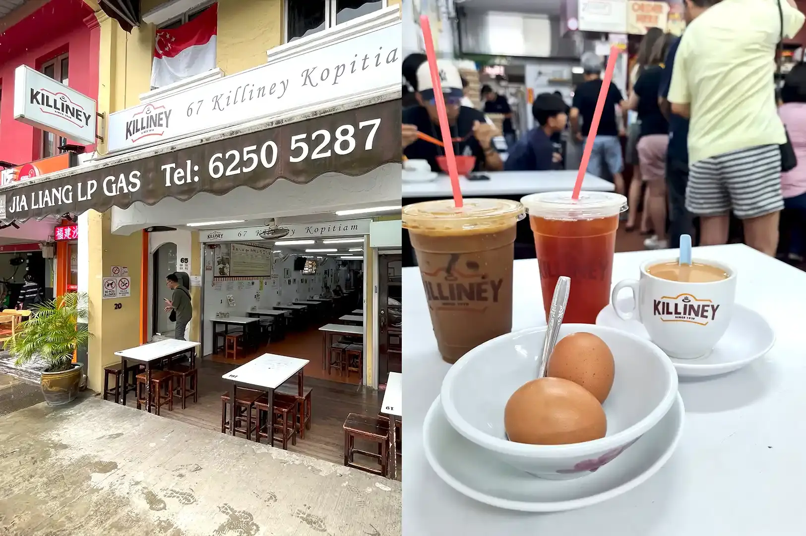 Killiney Kopitiam traditional heritage coffee shop storefront serving classic local breakfast with soft-boiled eggs, and Kopi in Singapore.