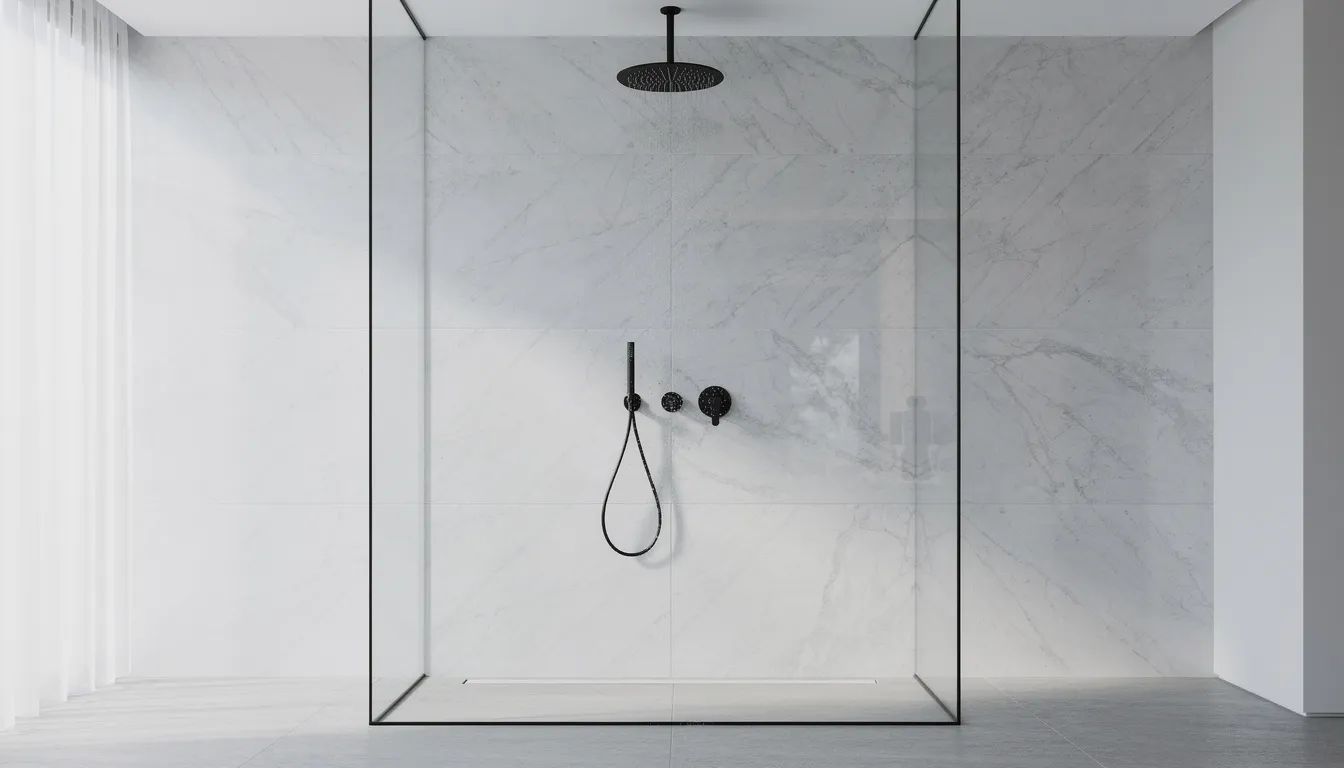 Een moderne douchewand bekleed met grote marmerlook platen, gecombineerd met een matzwarte regendouche, creëert een luxe uitstraling in de badkamer. Deze wandpanelen zijn volledig waterdicht en bieden een duurzame oplossing voor vochtige ruimtes.