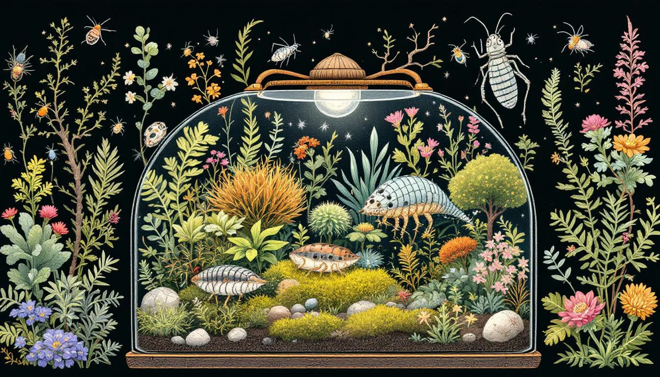 A diverse range of essential terrarium bugs including springtails and isopods in a closed terrarium.