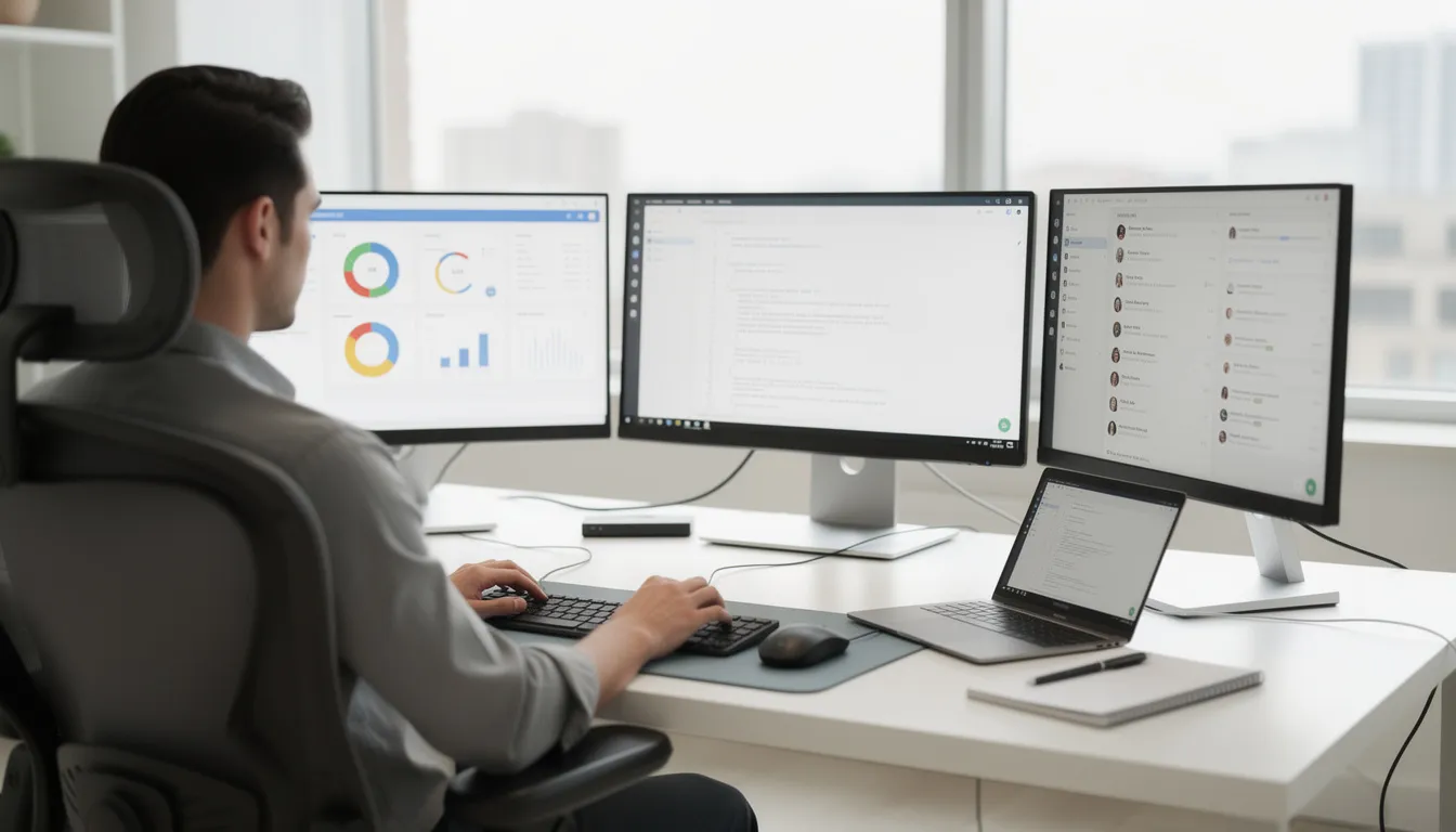 The image shows a person focused on their work at a modern desk, surrounded by multiple computer screens displaying various applications for tasks such as data analysis and document creation. This setup highlights the use of specialized AI tools and Google Workspace apps, enhancing productivity for complex reasoning tasks.