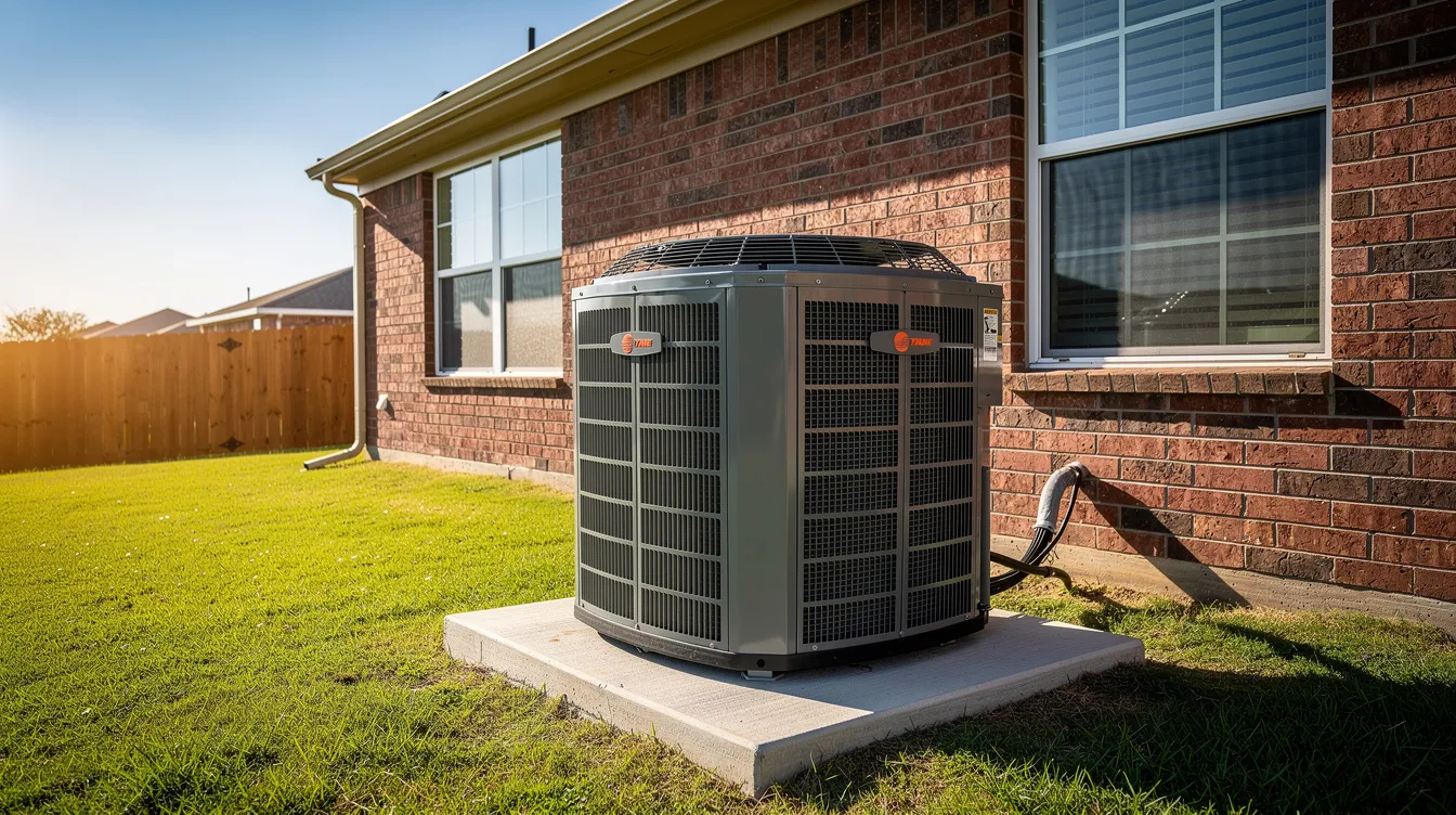 Trane 5TTR4048A1000 outdoor condenser unit installed on a concrete pad beside a brick home in a sunny Texas neighborhood, designed for efficient cooling and durability.