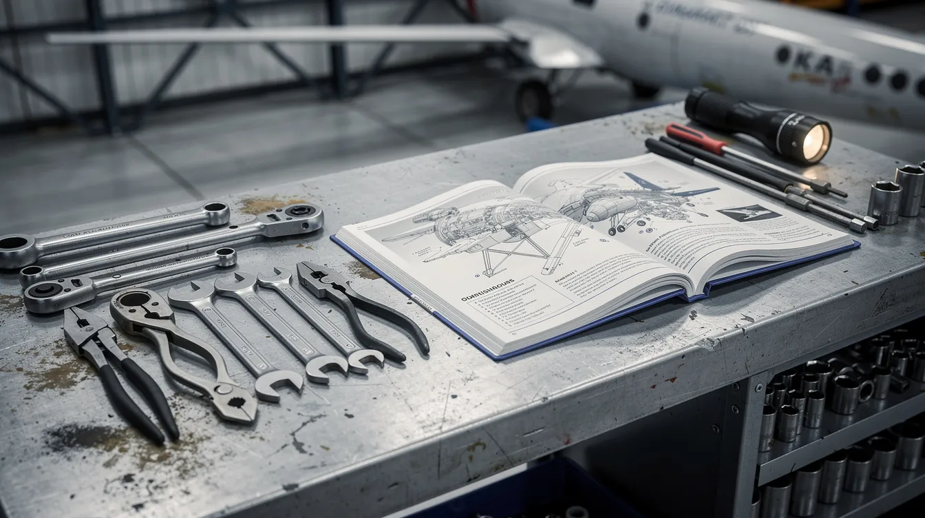 The image shows a neatly arranged set of aircraft mechanic tools placed next to a detailed maintenance manual, highlighting essential resources for those in aviation maintenance apprenticeship programs. This setup reflects the hands-on training and technical skills needed for a career as an aircraft maintenance technician.