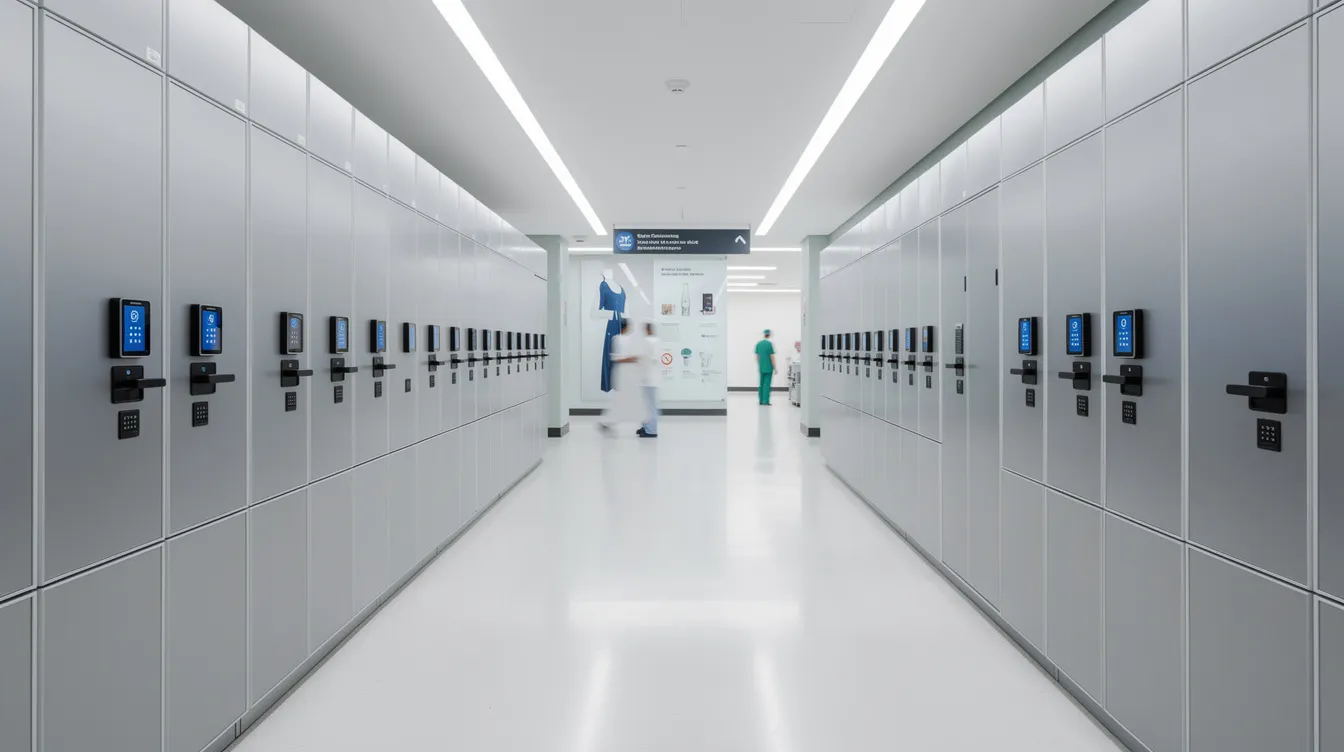 The image depicts rows of secure smart lockers installed in a modern healthcare facility hallway, illuminated by clean lighting. These storage solutions enhance patient safety by securely managing patient belongings and maintaining compliance with regulatory requirements in healthcare centers.