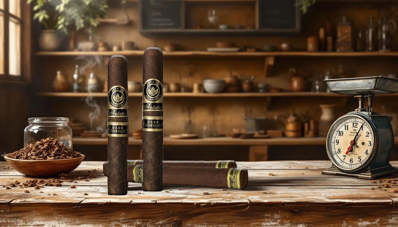An assortment of dark corojo cigars displayed elegantly, showcasing the Joya de Nicaragua Antano Dark Corojo for sale.
