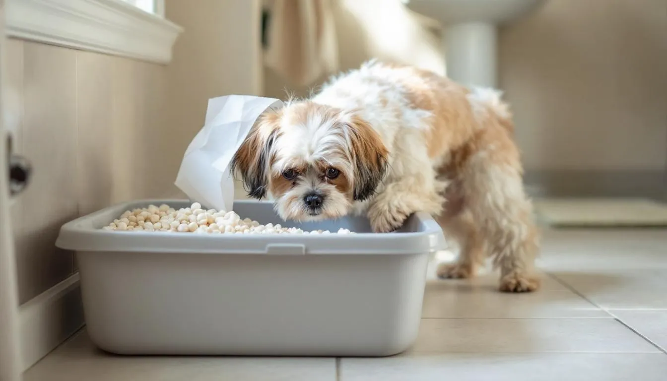 A small dog is using an indoor litter box filled with biodegradable paper pellets, demonstrating how pet parents can effectively manage potty training for their furry friends. The litter box is designed for small dogs, providing a convenient solution for indoor potty breaks.