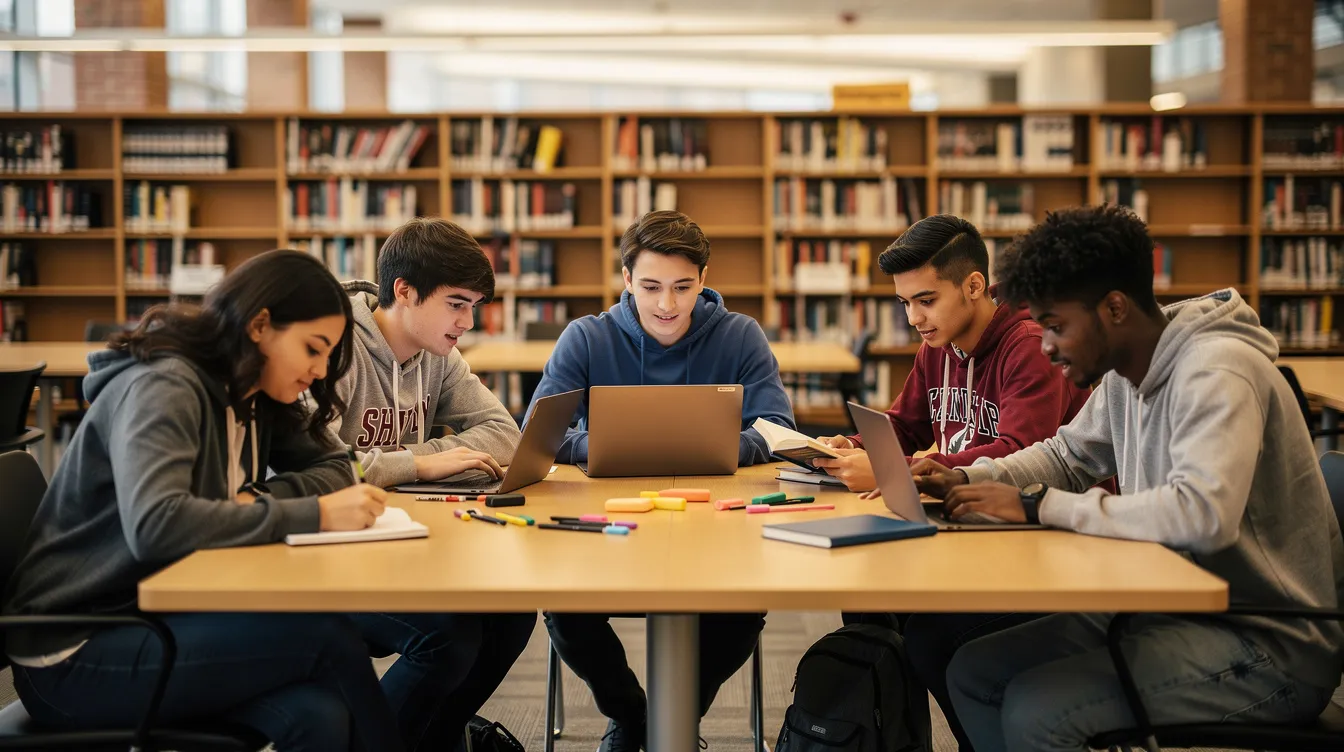 A group of college students is gathered around a library table, deeply engaged in studying together with laptops and notebooks spread out in front of them. The scene reflects a collaborative learning environment, emphasizing the importance of accessible digital content and web accessibility standards in educational settings.