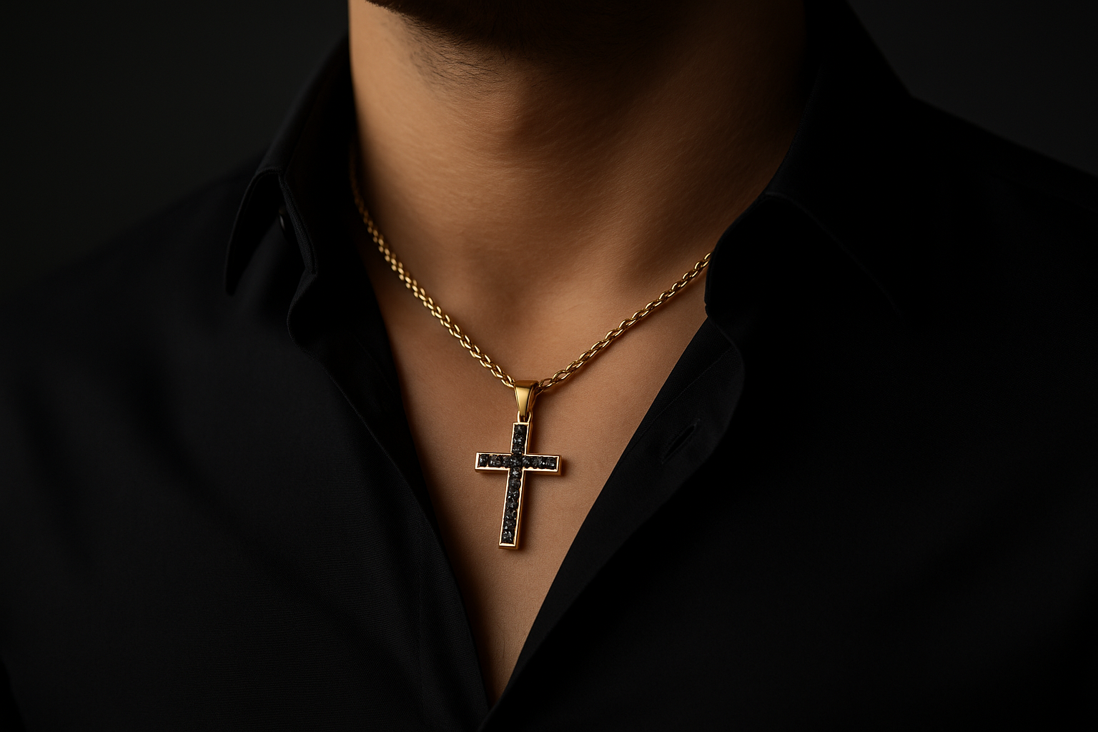 Vyras dėvi auksinį kryželį su juodais deimantais ant kaklo