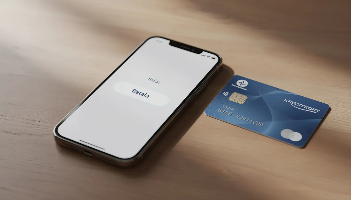 En mobiltelefon med en betalapp visas på ett bord tillsammans med ett kreditkort. Denna bild kan relateras till bettingsidor med svensk licens där användare gör insättningar och uttag, inklusive snabba uttag med Swish.
