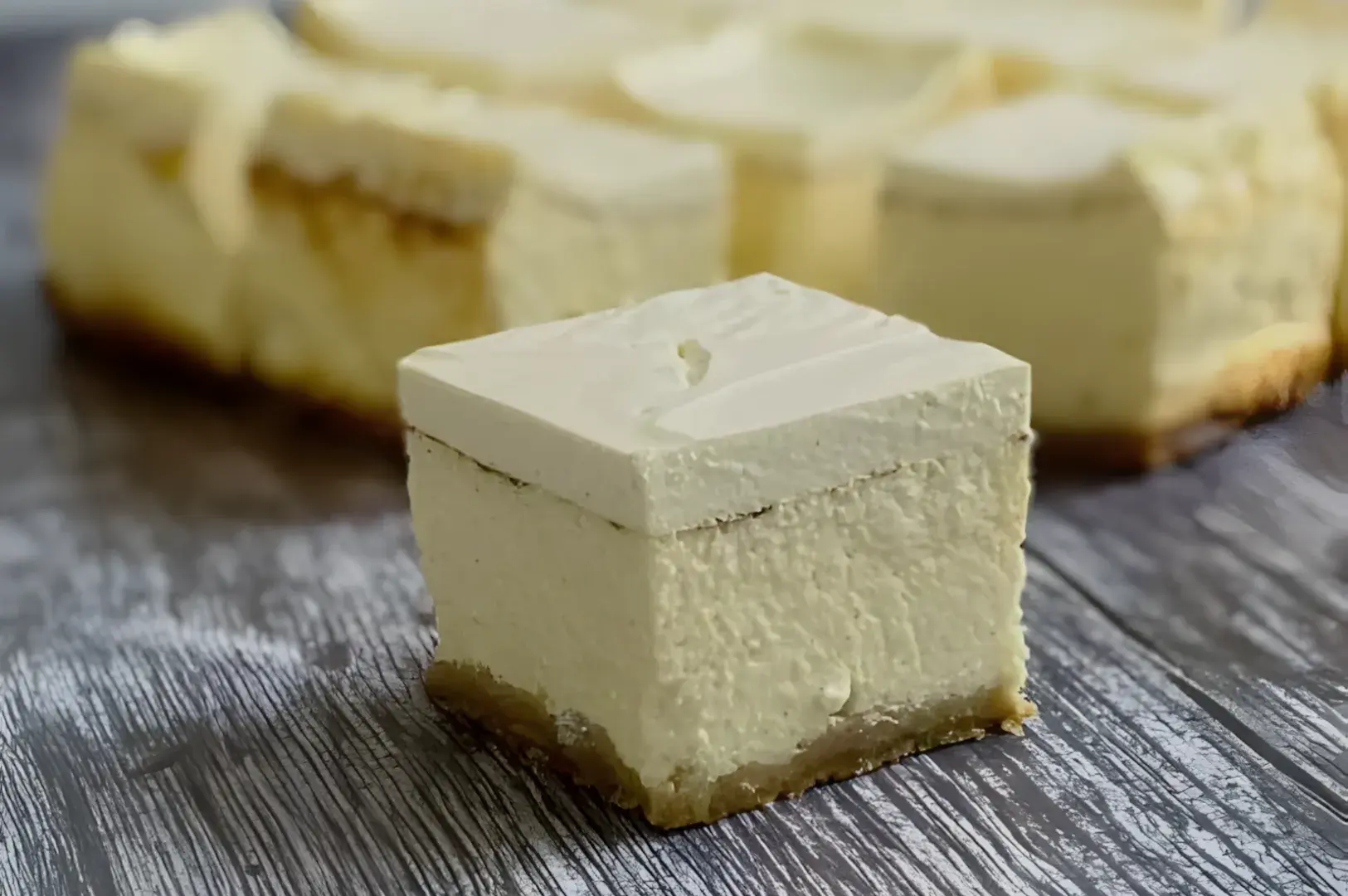 A slice of cheesecake on a wooden surface, with more cheesecake pieces blurred in the background.