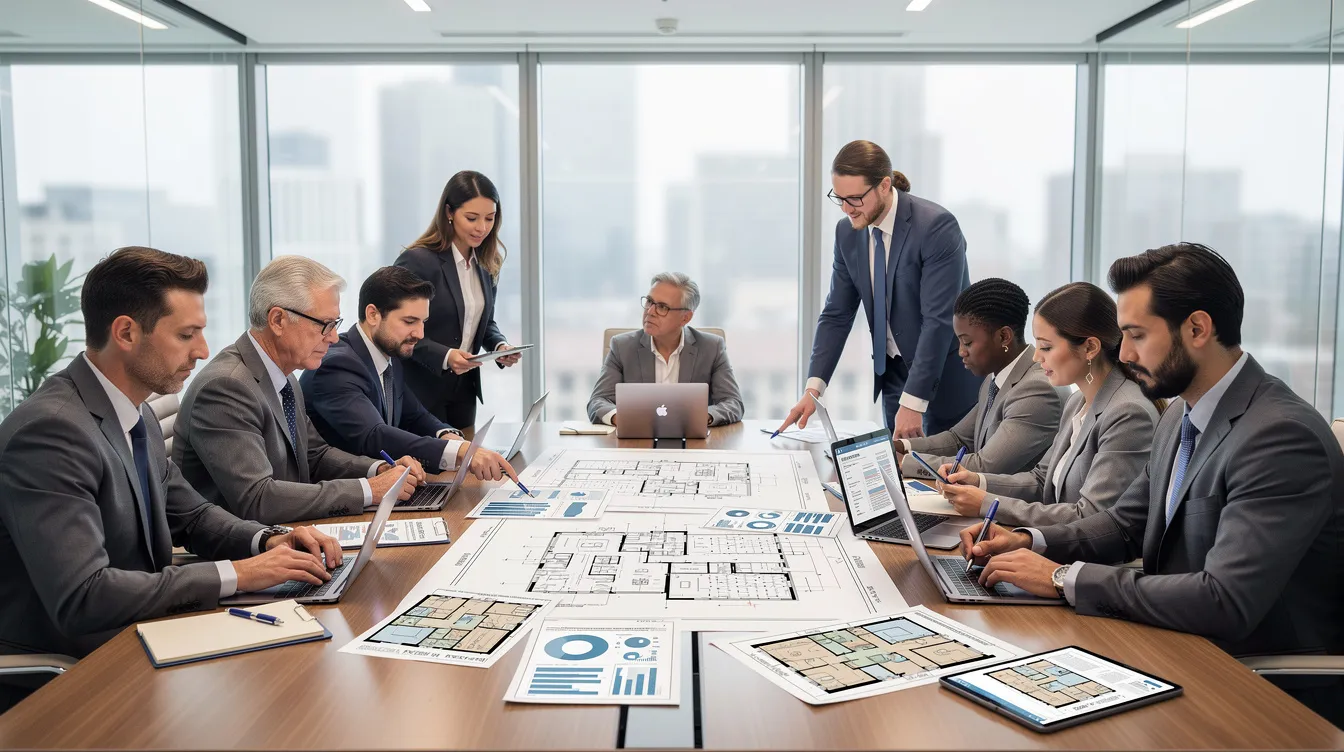 A group of professionals is gathered around a conference table, reviewing detailed financial documents and architectural plans for a multi-speciality hospital project. They are engaged in discussions about project costs and the feasibility study to ensure the delivery of quality medical services.