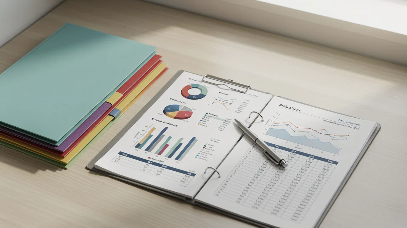 The image shows an organized desk featuring neatly stacked folders, a pen, and various financial documents, representing the estate planning process. This setup emphasizes the importance of having all necessary estate planning documents readily available for consultations with experienced estate planning attorneys.