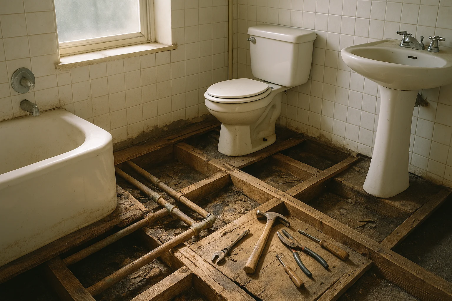 Exposed bathroom floorboards revealing old pipes and structural damage, highlighting hidden renovation issues.