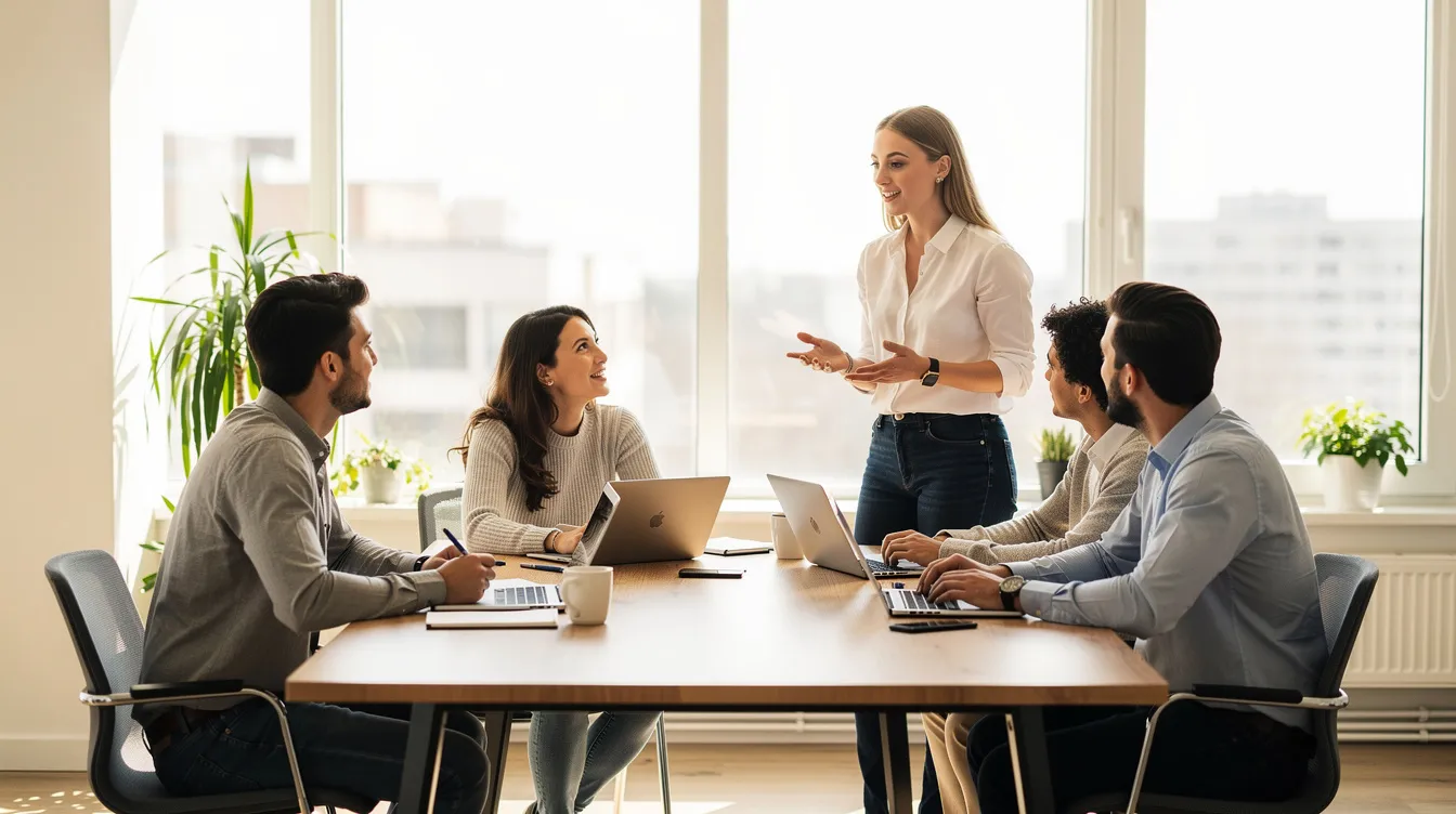 L'image montre une équipe de managers en discussion autour d'une table dans un espace de travail lumineux, symbolisant l'importance de la gestion du temps et des priorités dans un cadre professionnel. Les membres échangent des idées sur des projets, illustrant des techniques pour mieux gérer leur temps au quotidien.