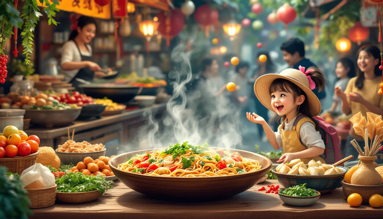 Eine Schüssel mit handgezogenen Nudeln in einer traditionellen chinesischen Umgebung.