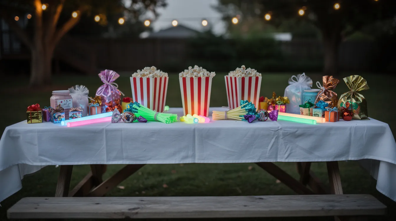 An outdoor table is filled with colorful popcorn containers, vibrant glow sticks, and small wrapped prizes, creating a festive atmosphere for an outdoor movie night. This setup promises a fun-filled evening with games and activities for kids and families, perfect for making lasting memories under the stars.
