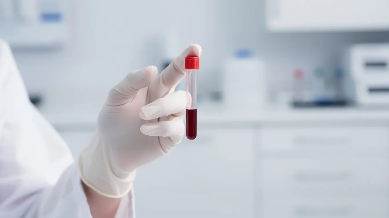 Eine Person hält ein kleines Blutentnahmeröhrchen in einer hellen medizinischen Umgebung, was auf einen bevorstehenden Schilddrüsentest hindeutet. Diese Blutprobe könnte wichtige Informationen über die Schilddrüsenfunktion und mögliche Schilddrüsenerkrankungen wie Hypothyreose liefern.