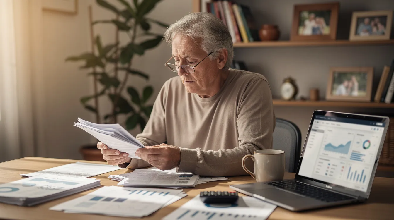 An older person is seated at a home office desk, intently reviewing financial documents, which may include stock performance reports and investment analyses. This scene reflects the importance of informed investment decisions and the pursuit of long-term returns in the world of active investors.