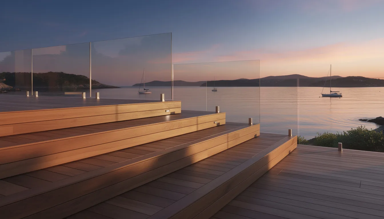 A modern stepped timber deck with sleek glass balustrades offers stunning views of a coastal bay at sunset, creating an inviting outdoor space that beautifully complements the natural surroundings. This landscape design showcases the blend of quality materials and native plants, enhancing the overall beauty of the Wellington region.